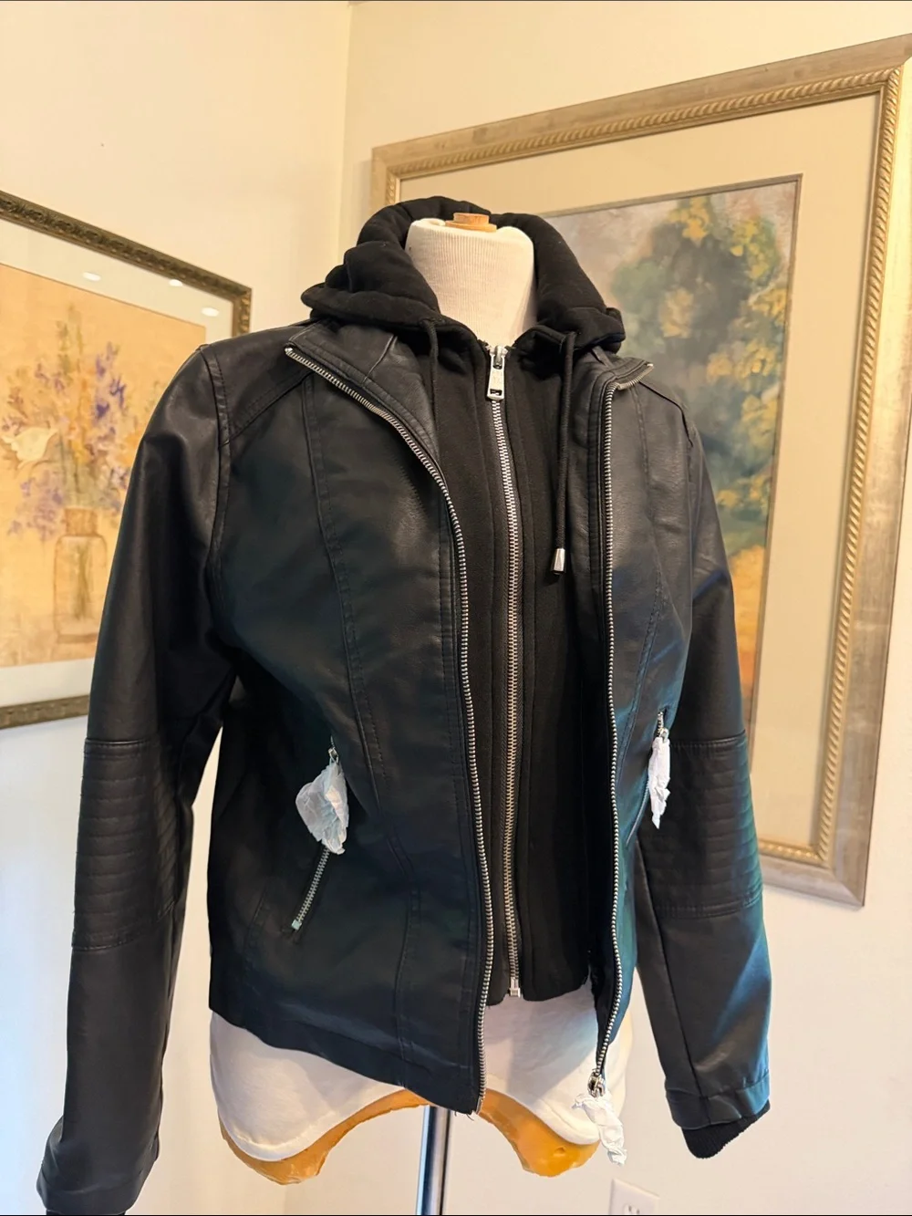 NWT Novish Collection Black Faux Leather Zip Jacket with Hoodie Layer Size MP